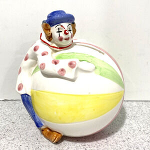 Vintage Collectible Piggy Bank Ceramic Clown on Circus Ball Colorful Whimsical
